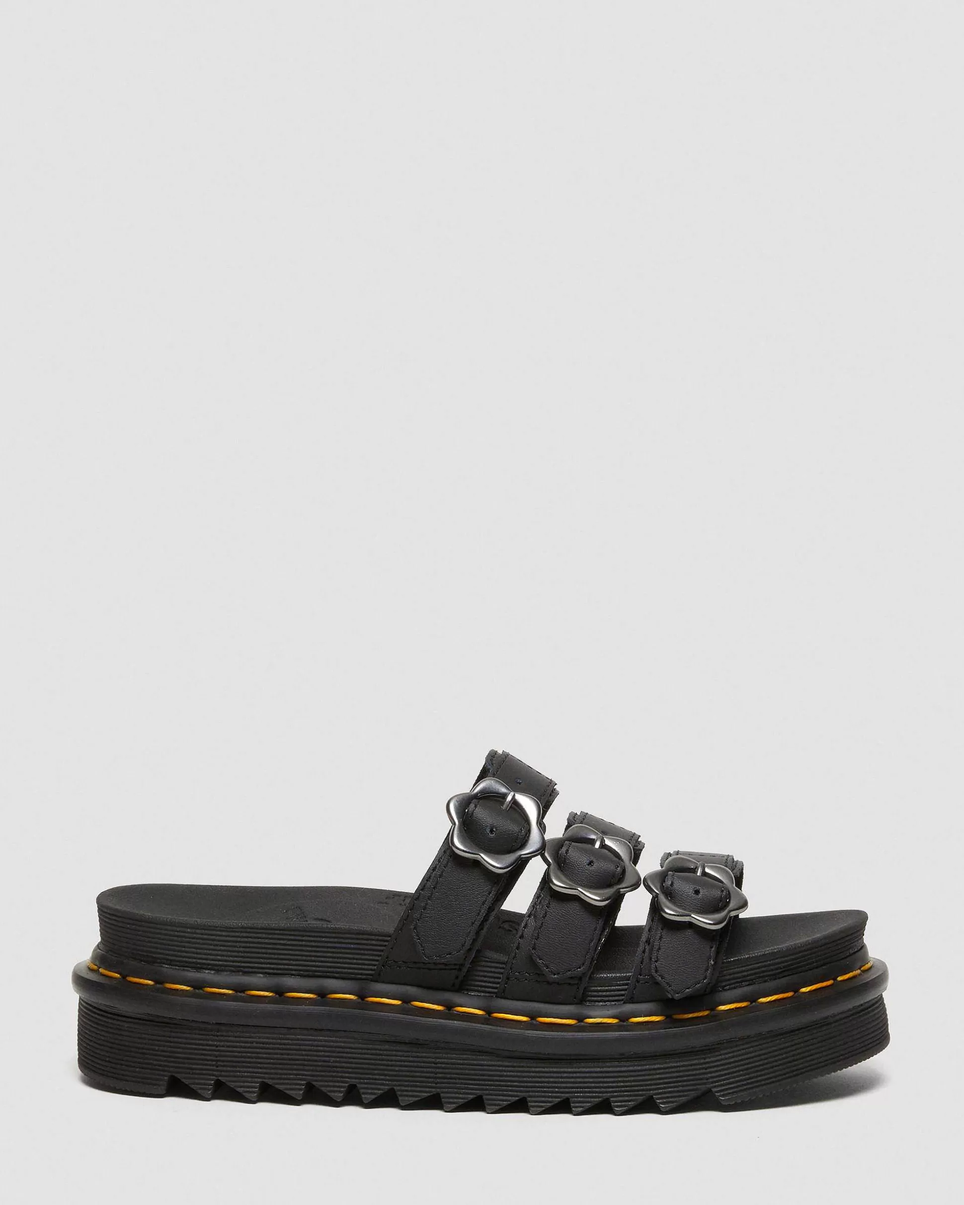 Unisex Dr. Martens Schwarze Sandalen>Blaire Leder Slide Sandalen Mit Blumenschnalle